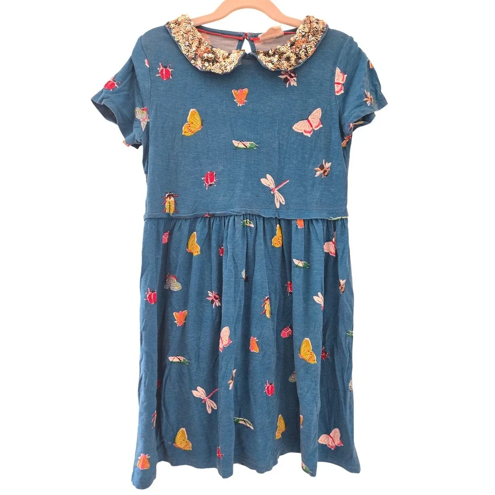 MiniBoden Girls Blue Insect Butterfly Print Sequin Collar Jersey Dress Size 7-8Y